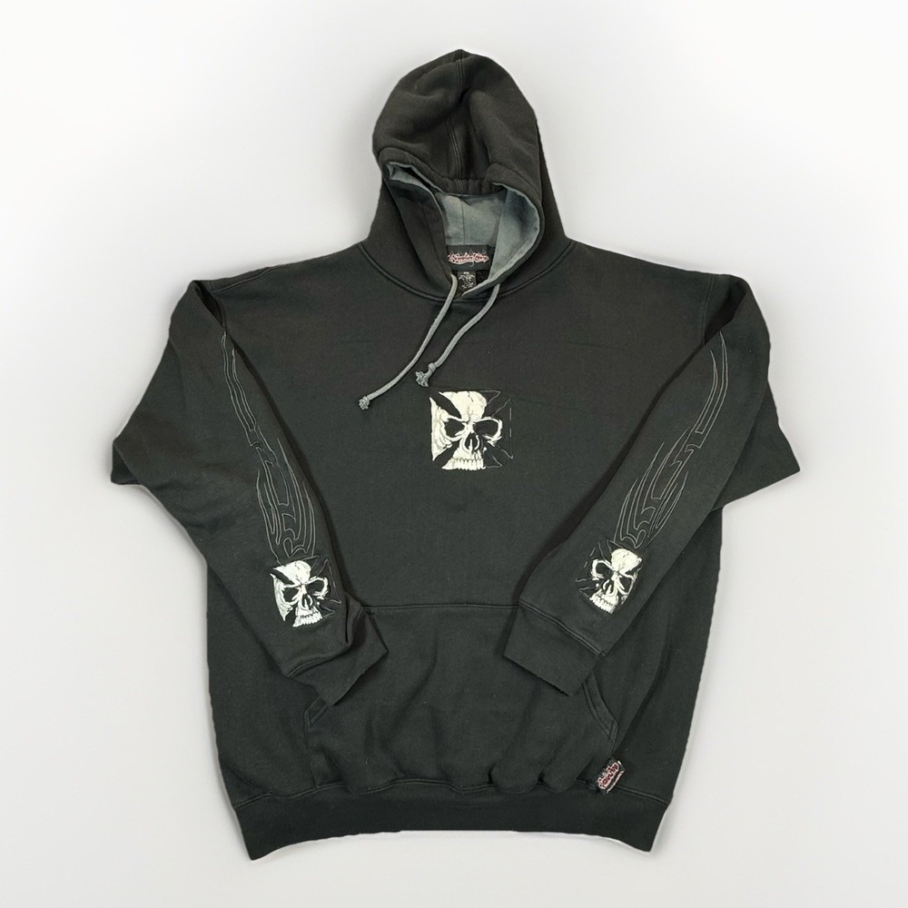 Y2K Sapphire Lounge Embroidered Skater Hoodie 2XL Grunge Vintage Skull Cross